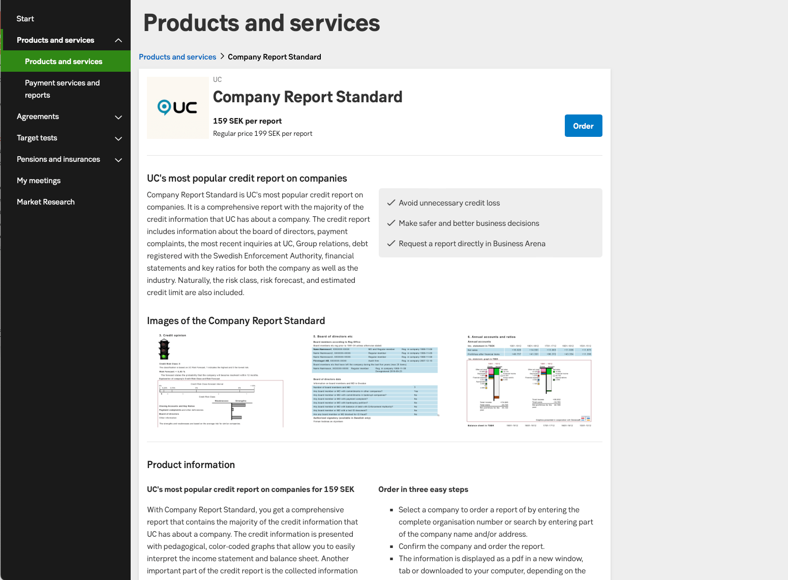 The product card in Business Arena describing the product Company Report Standard. You get a summary, screenshots of a report and an order button.