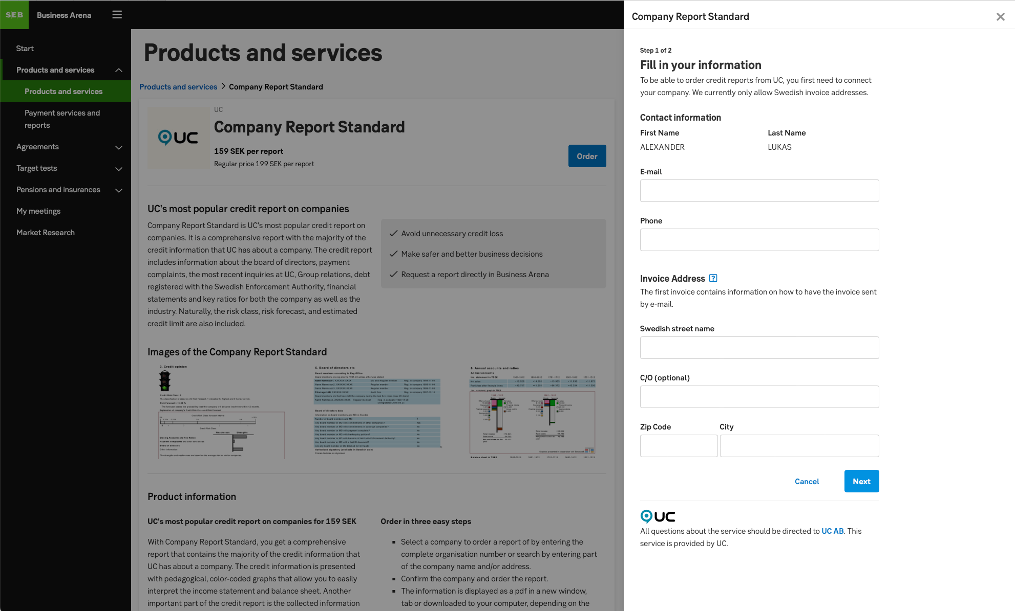 The first page after pressing Order. Here the customer can start the process of ordering credit reports.