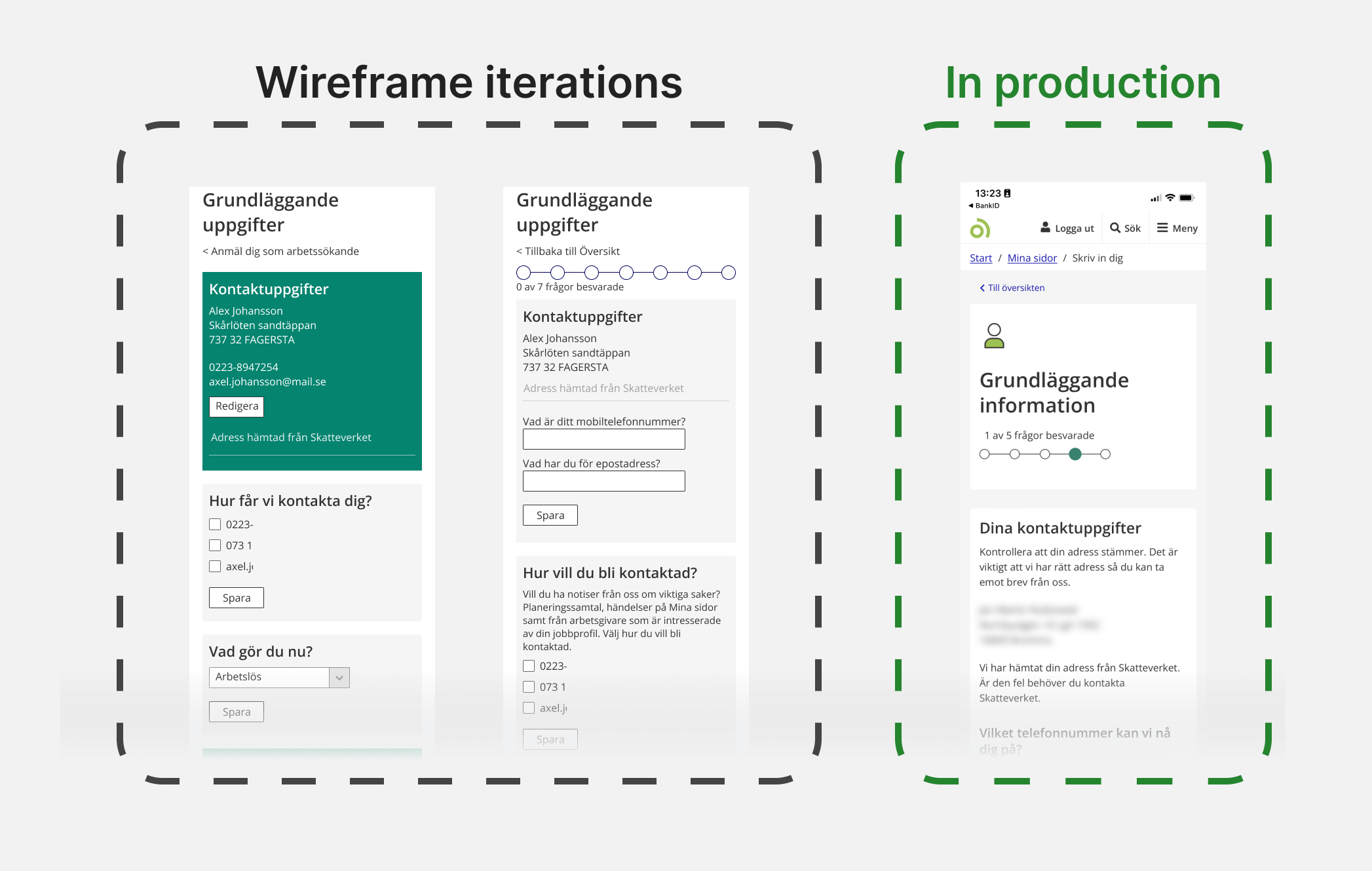 Wireframe iterations and final product from www.arbetsformedlingen.se